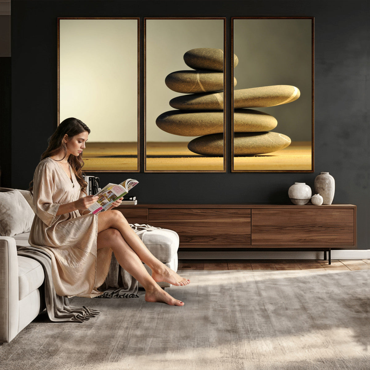 Zen Stone Wall Art Canvas Print, Balanced Rock Stack Framed