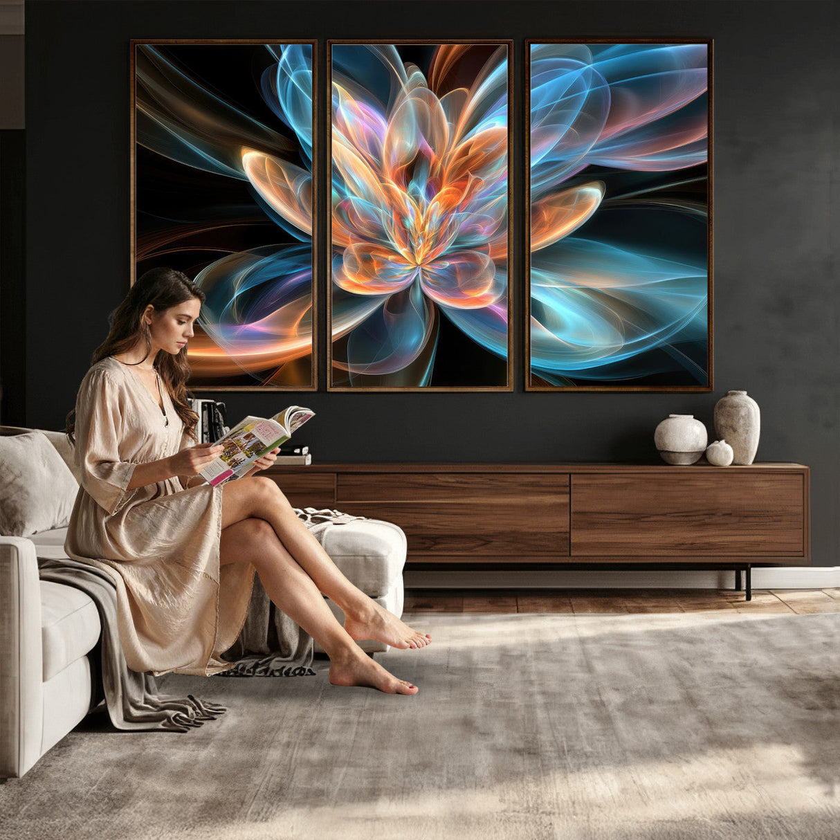 Fractal Lotus Canvas Wall Art, Blue Orange Glowing Flower Abstract Print, Modern Zen Meditation Room Decor, Ethereal Digital Art, Living Room
