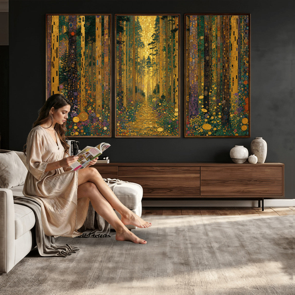 Gustav Klimt Style Forest Canvas Wall Art, Golden Forest Path Floral Art Nouveau Print, Enchanted Woodland Decor