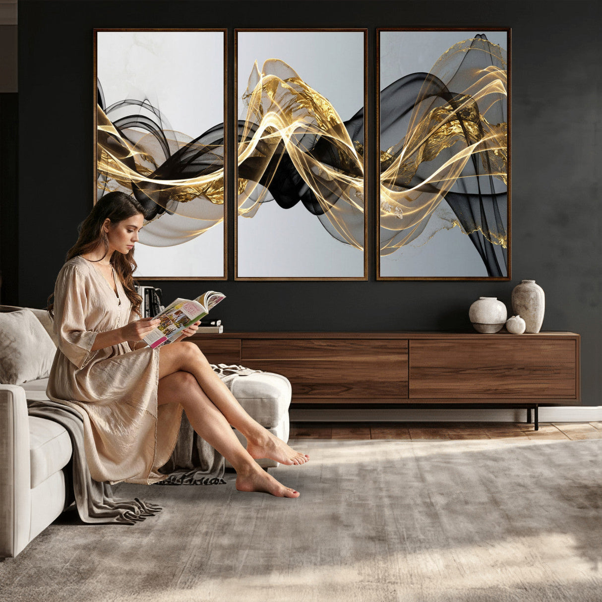 Black and Gold Abstract Wall Art, Modern Wave Canvas Print, Elegant Flowing Smoke Art, Luxury Living Room Decor