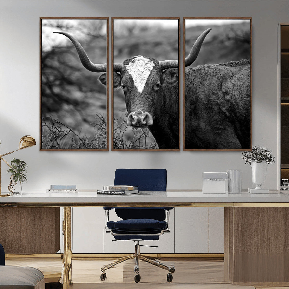 Western Home Wall Art Canvas Print, Framed Texas Longhorn