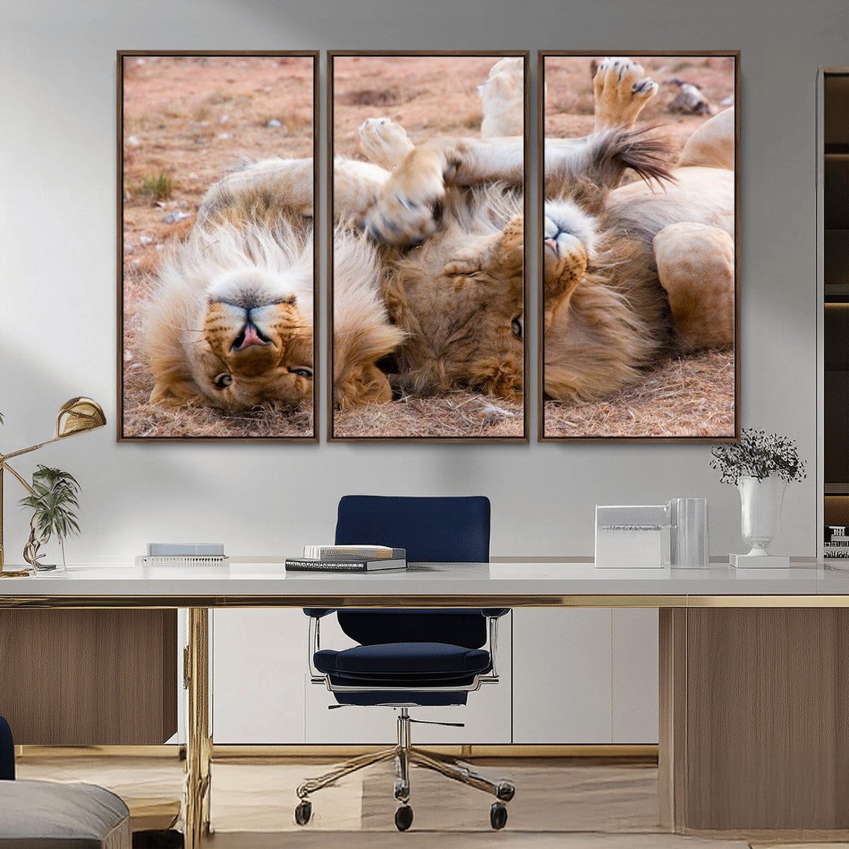 Lion Pair Wall Art Canvas Print – Framed Wildlife Scene with