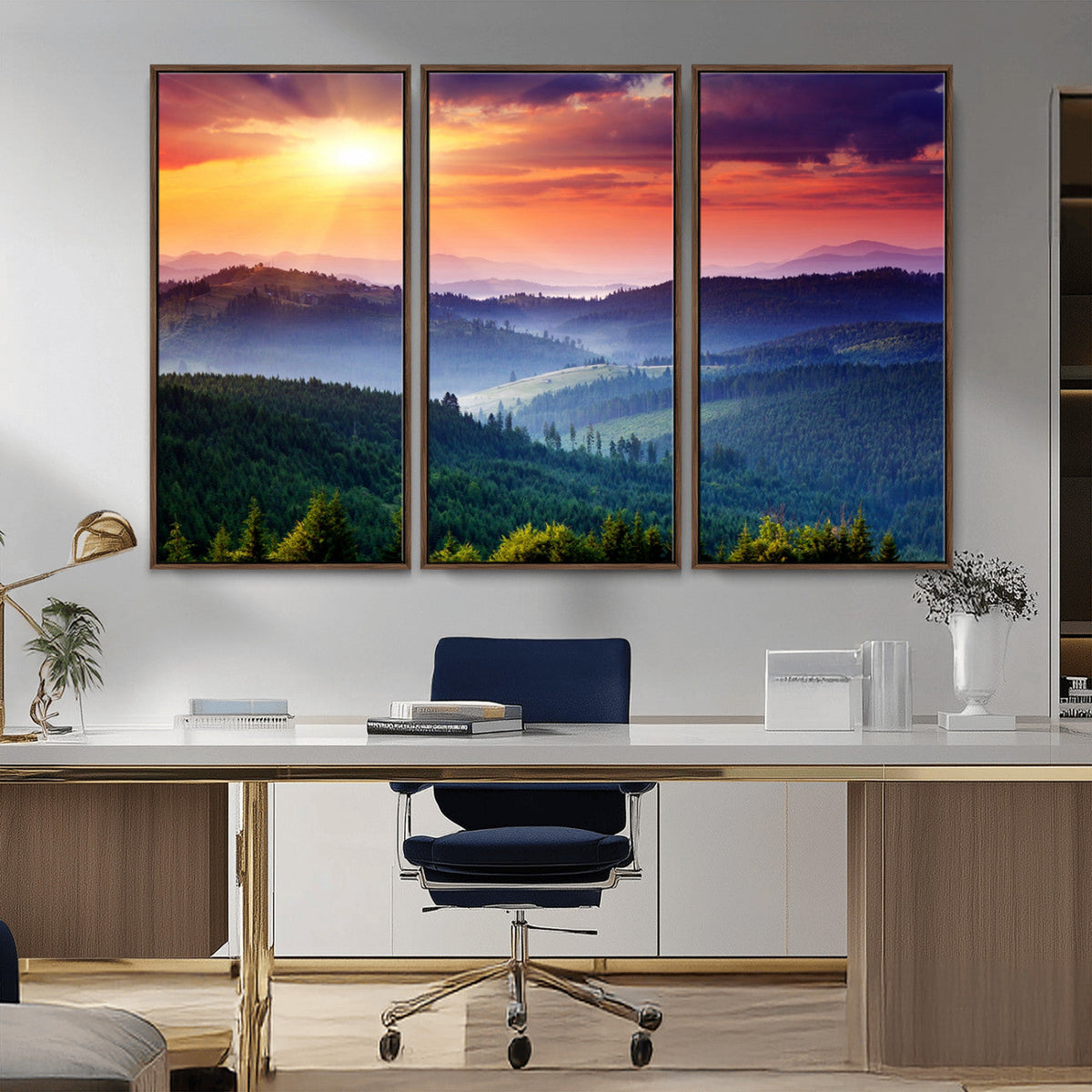 Beautiful Sunset over Hills Forest Landscape Canvas Wall Art