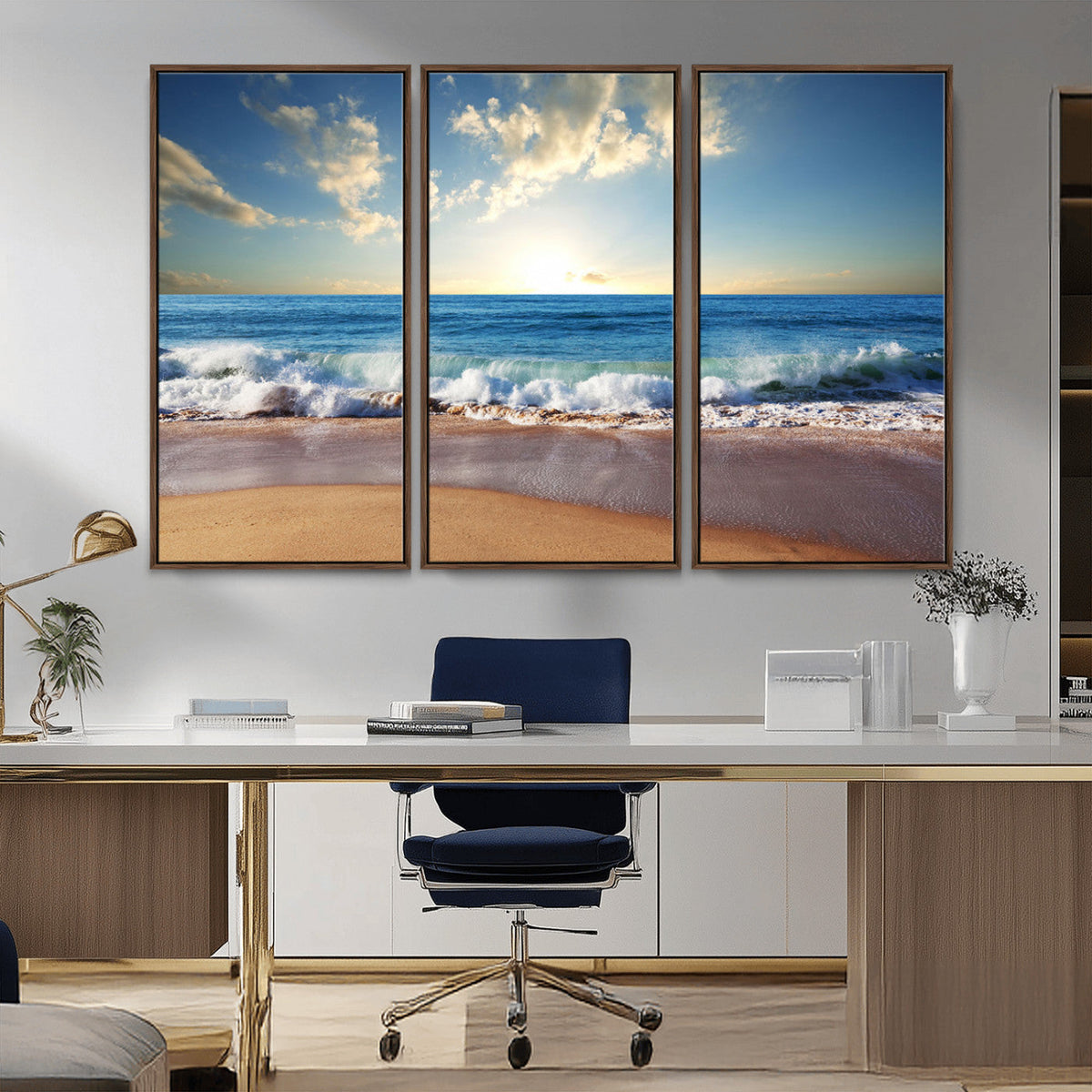 Serene Ocean Sunset Canvas Wall Art - Beach Waves at Sunset,