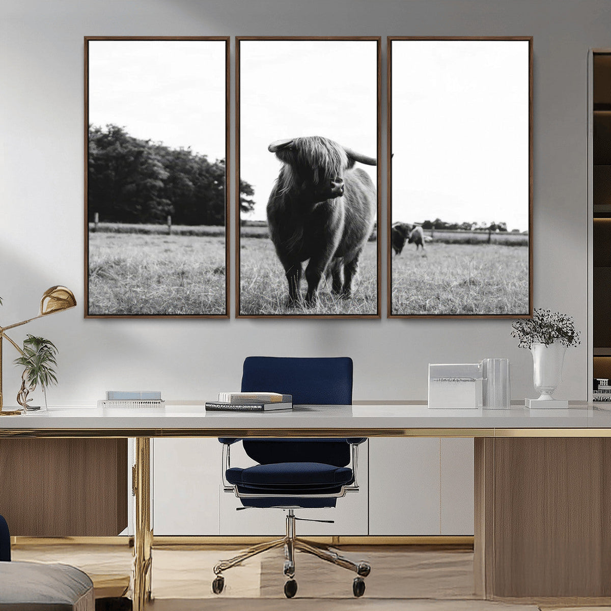 Black and White Highland Cow Wall Art Canvas Print | Rustic