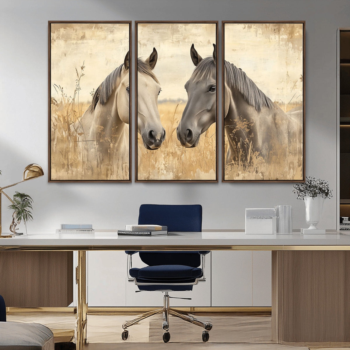 Chines Ink Style Grunge Horses Wall Art Canvas Print