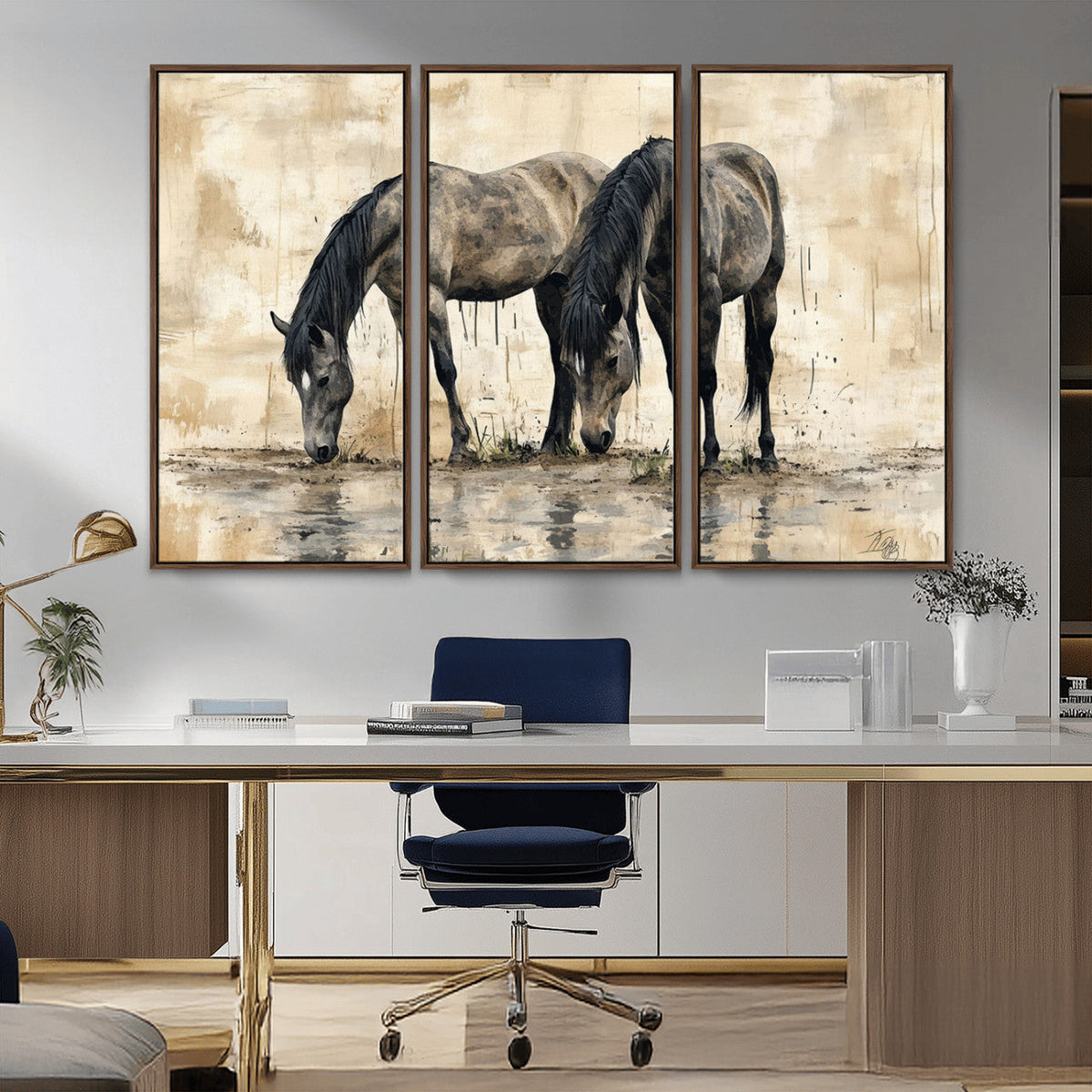 Chinese Style Abstract Black Horses Wall Art Canvas Print -