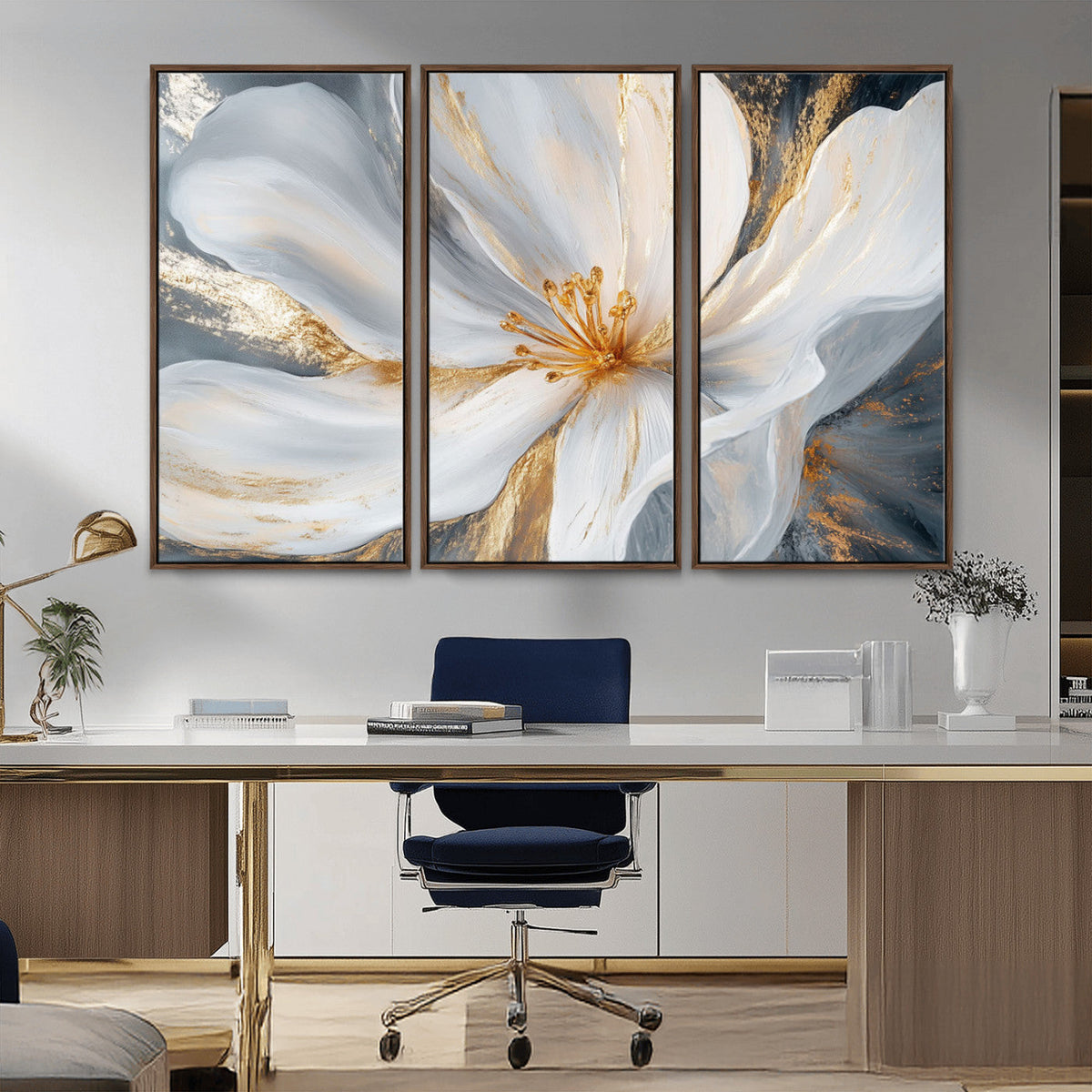White and Gold Floral Canvas Wall Art - Framed and Ready to