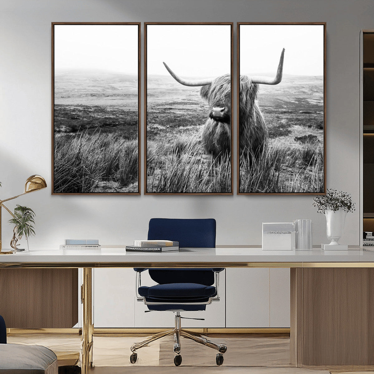 Scottish Highland Cow Wall Art | Black and White Canvas
