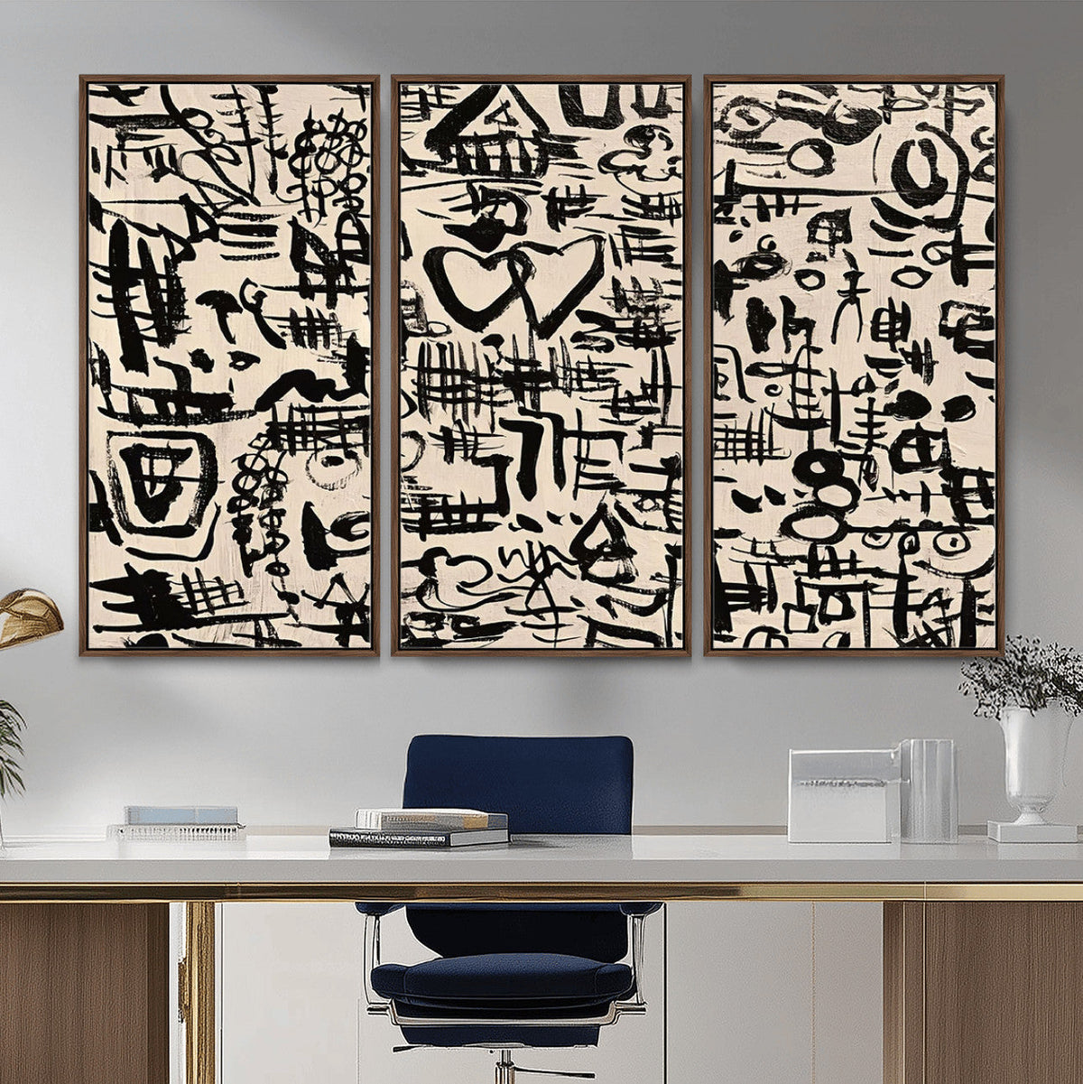 Abstract Love and Chaos Canvas Print, Black Symbols on Beige