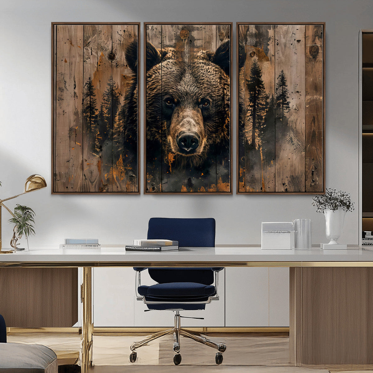 Rustic Grizzly 399 Wall Art | Triptych Canvas Print | Rustic