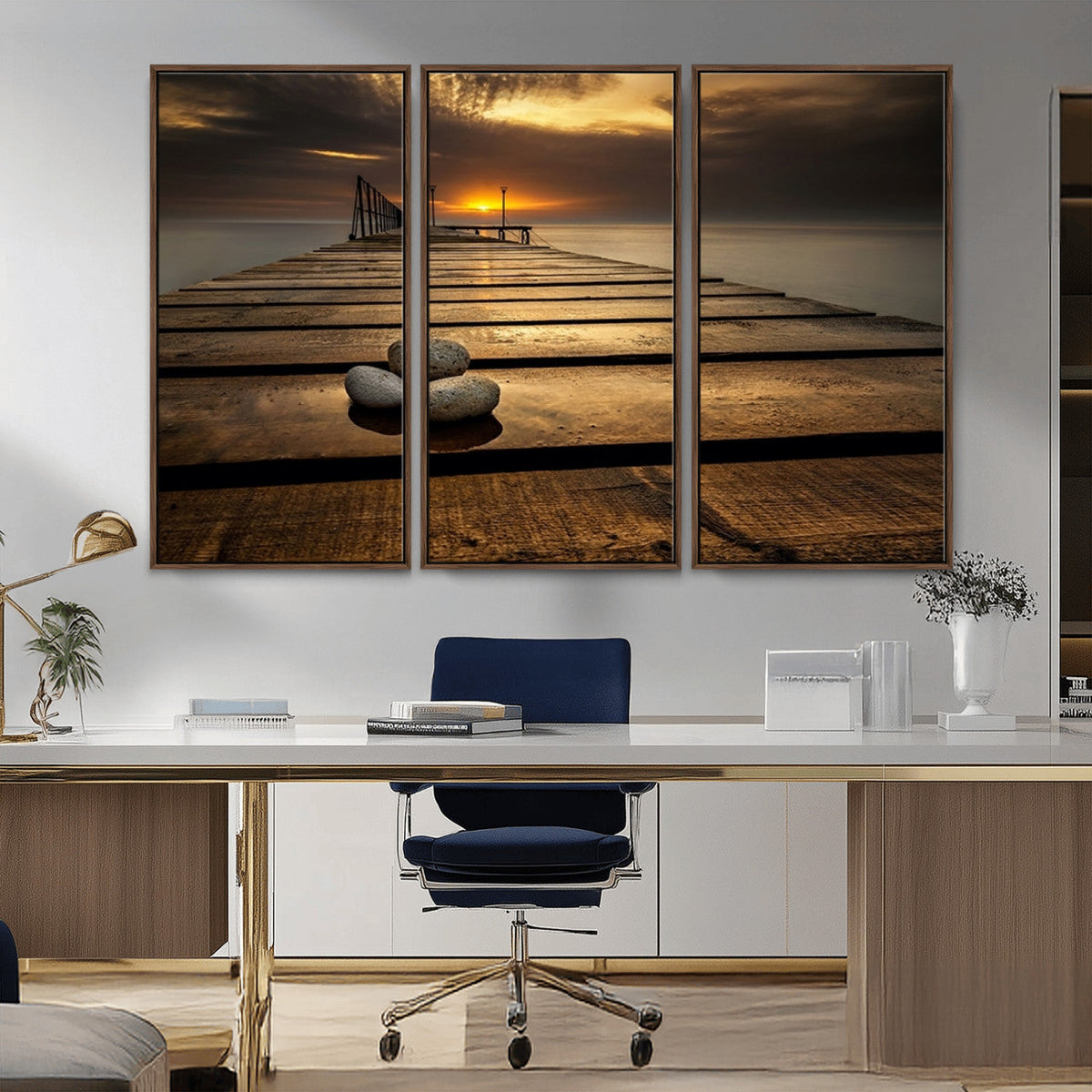 Stones on Wooden Pier at Sunset Canvas Print, Serene Coastal