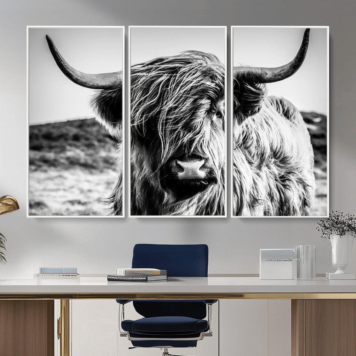 Black and White Scottish Cow Canvas Wall Art Highland Cattle