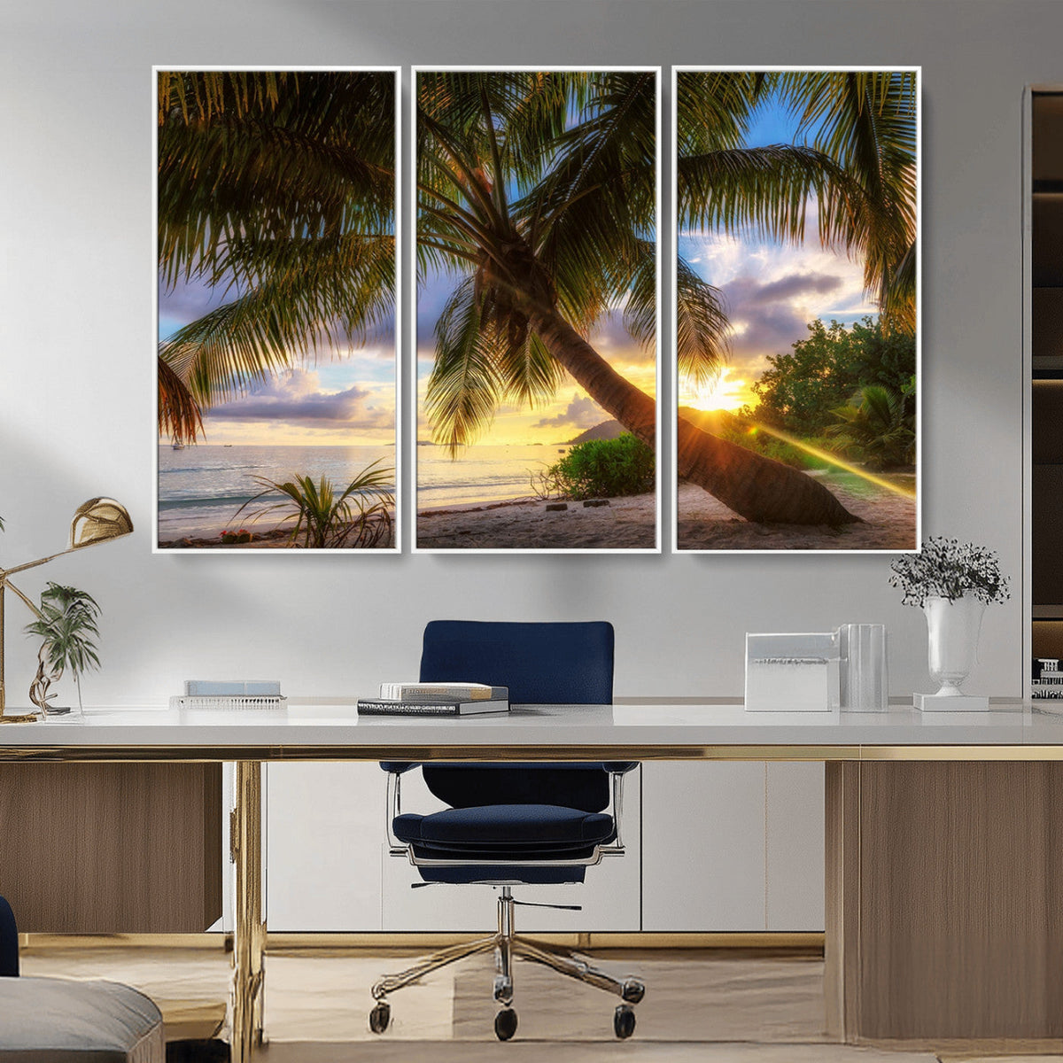 Tropical Island Sunset on the Beach Palms Wall Art Canvas