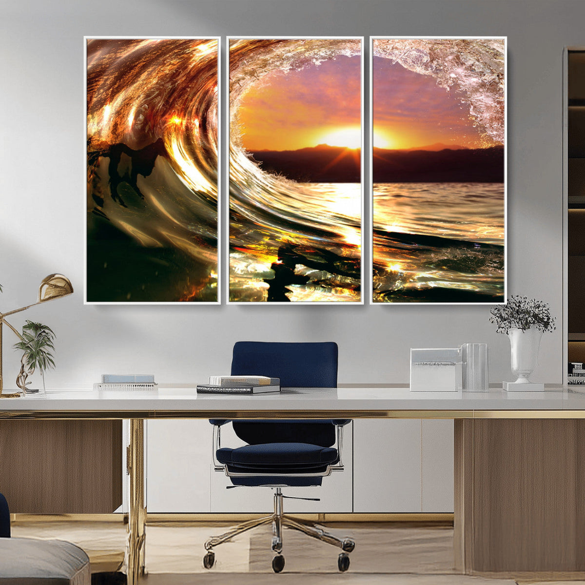 Golden Wave Sunset Triptych Canvas Art, Giclee Canvas Print