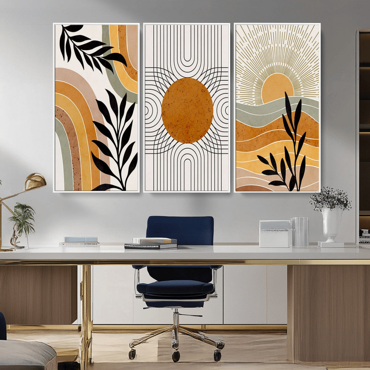 Modern Boho Sun and Leaf Abstract Art – 3-Panel Giclée
