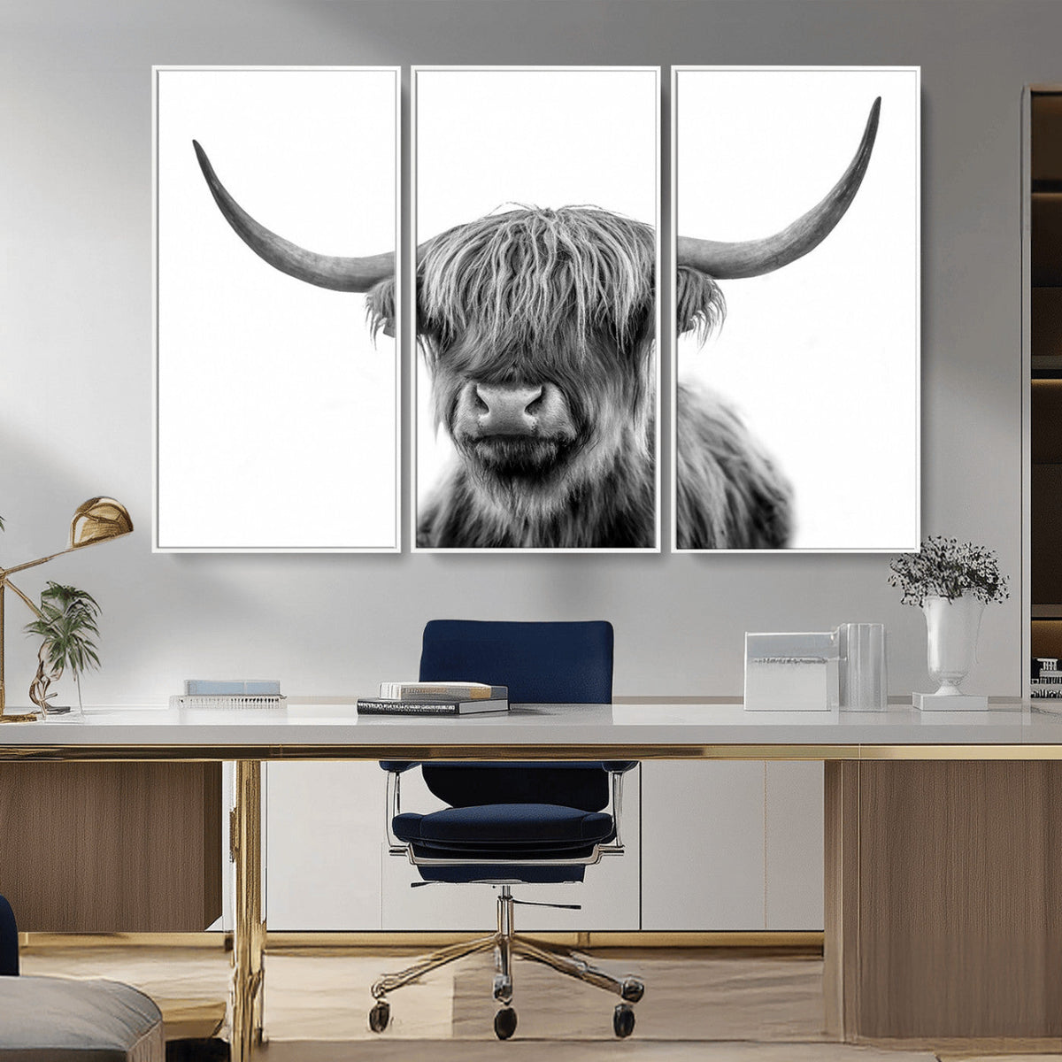 Grayscale Scottish Highland Cow Cattle Art Print Farmhouse