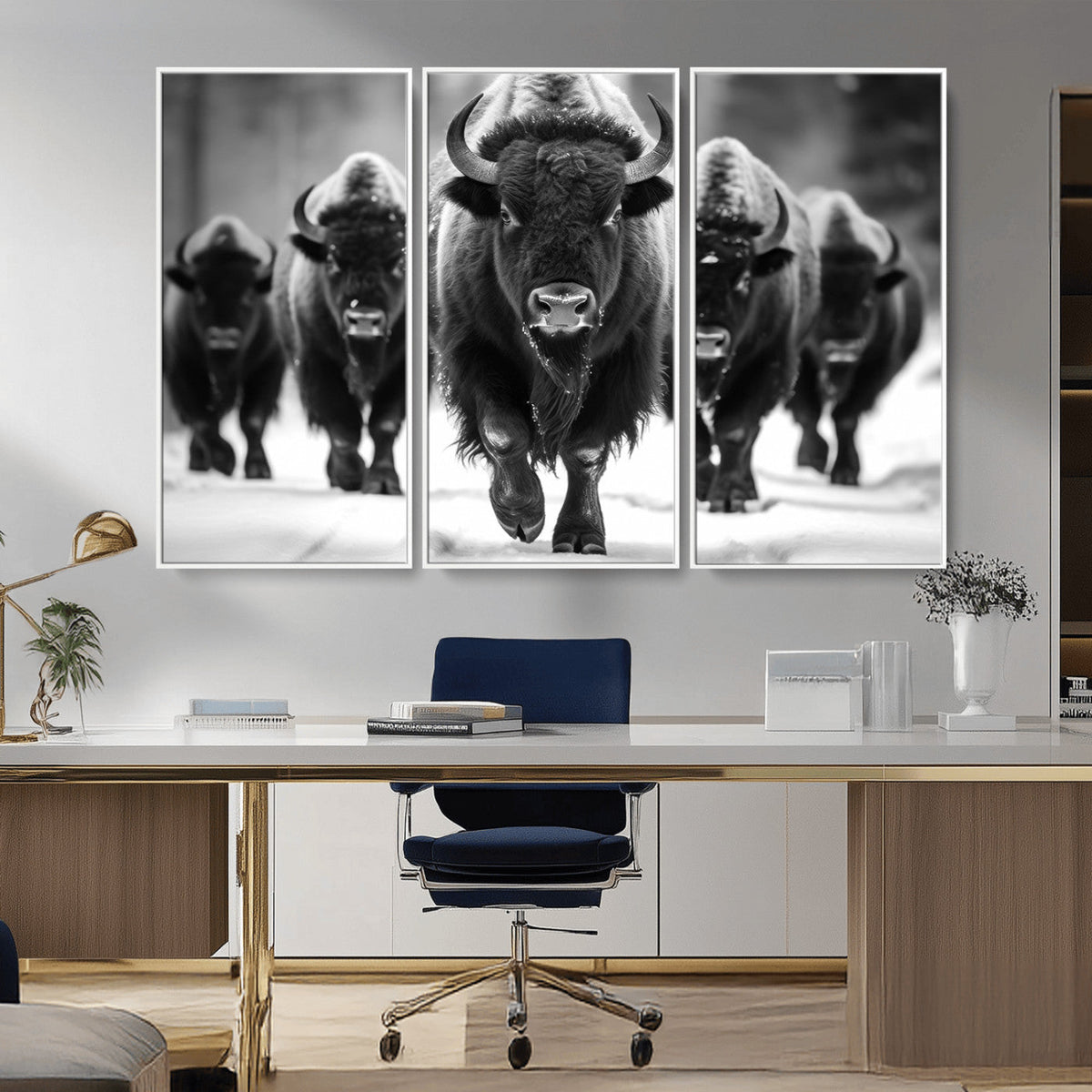 American Bison Art | Buffalo Herd Wall Art Canvas Print, BW