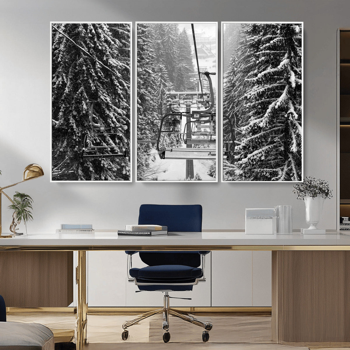 Winter Ski Lift Black and White Canvas Wall Art – Alpine