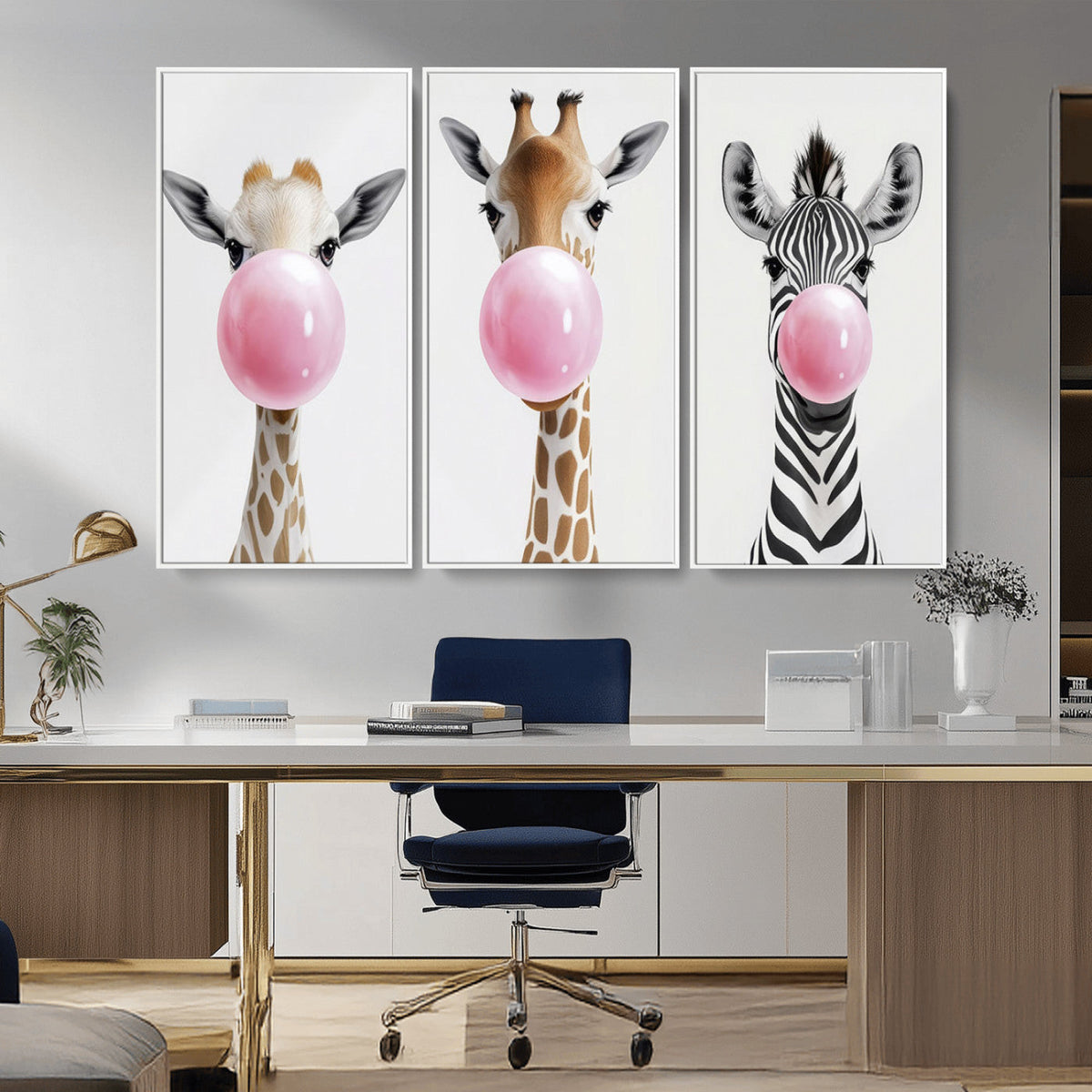 Bubblegum Animals Canvas Wall Art - Playful Giraffe and