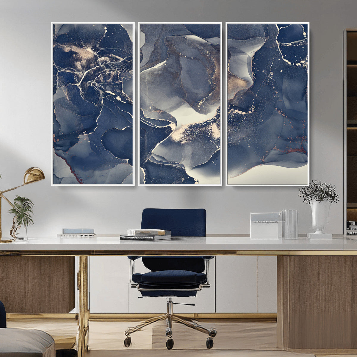 Large Abstract Blue and Gold Canvas Wall Art Fluid Ink