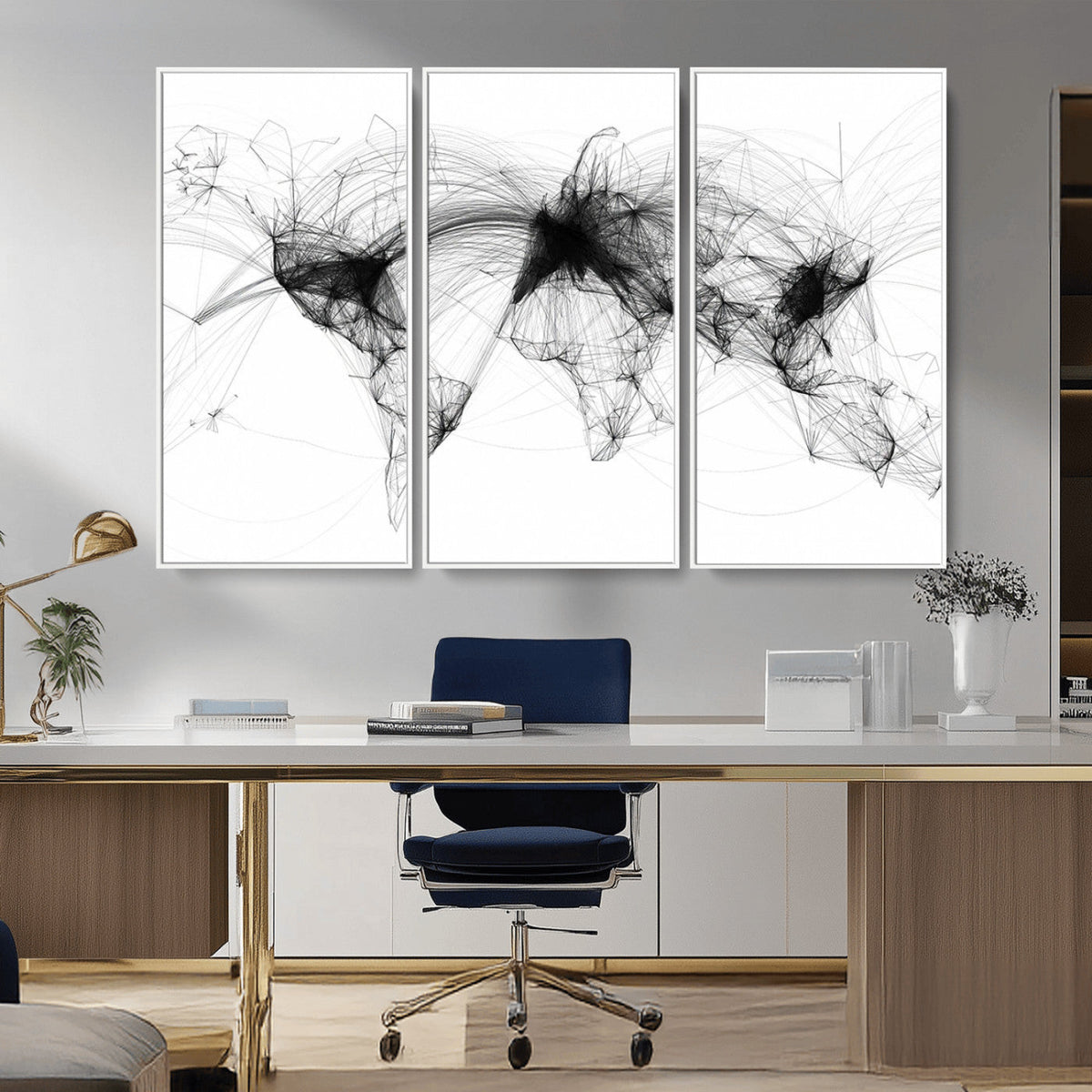 Abstract World Map Wall Art – Framed Geometric Line Canvas