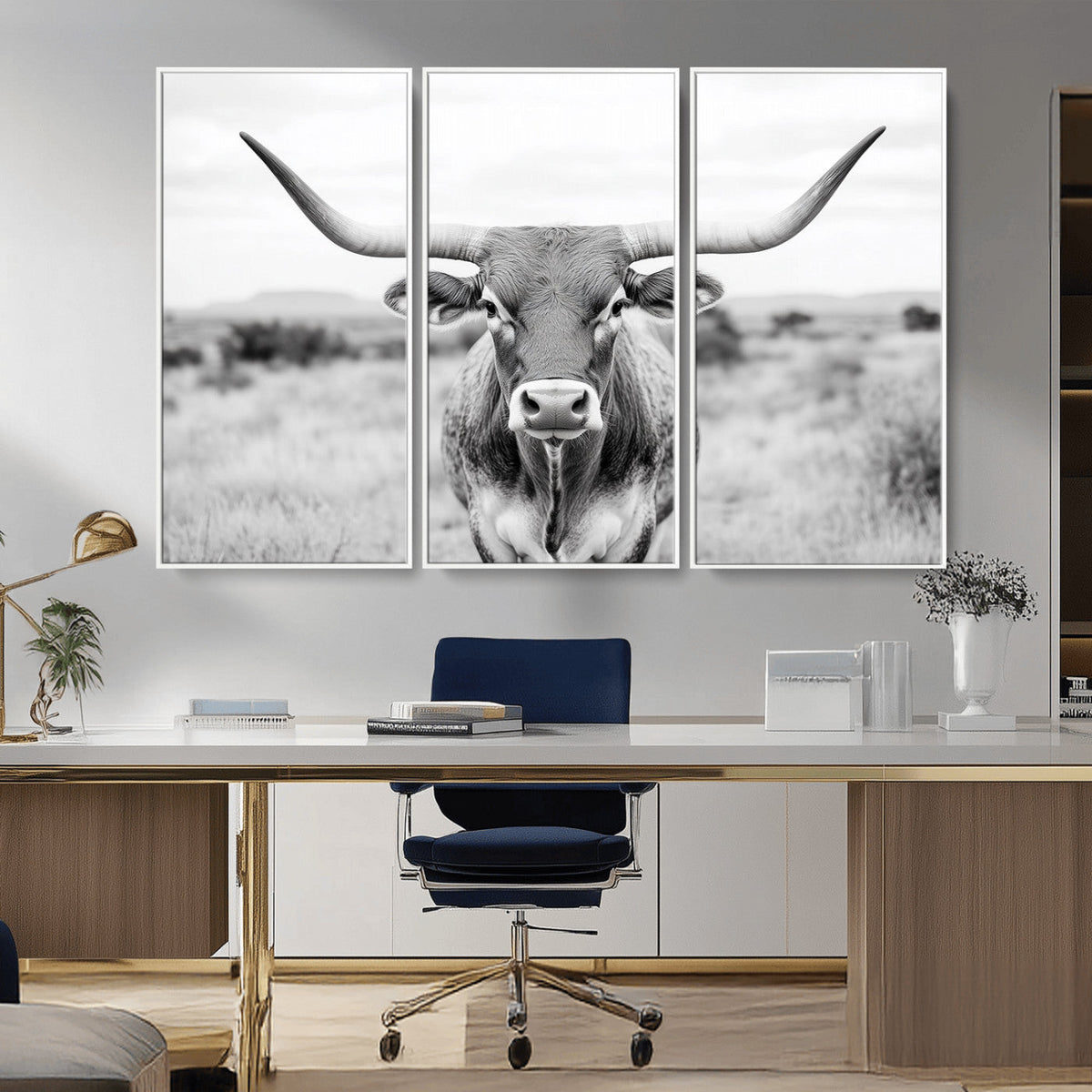 Highland Cow Wall Art Canvas Print – Black and White Western