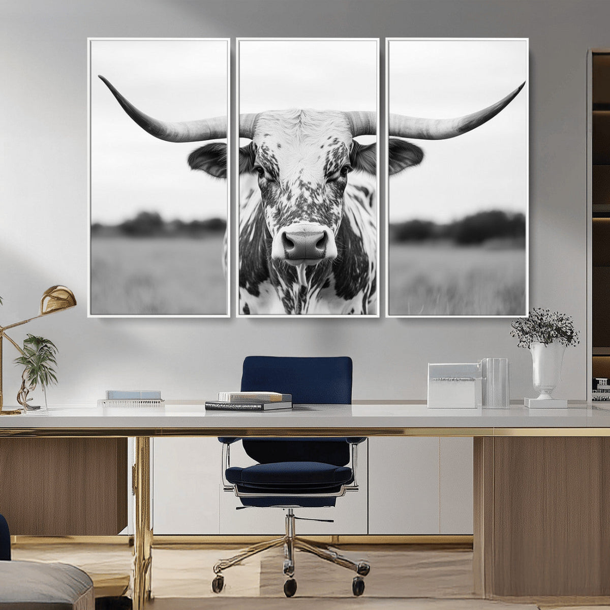 Highland Cow Wall Art Canvas Print – Black and White Western