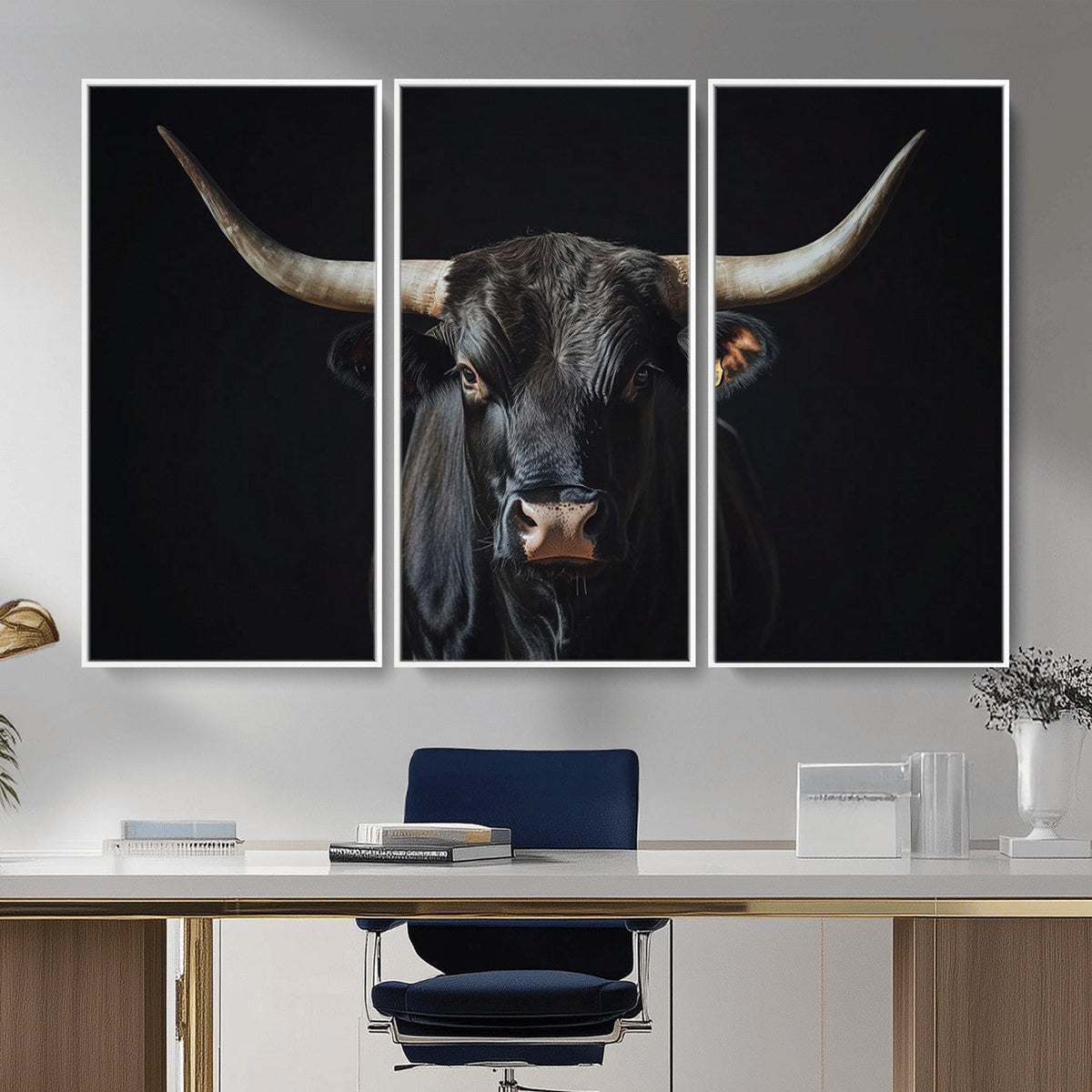 Majestic Longhorn Bull Wall Art Canvas Print – Dark