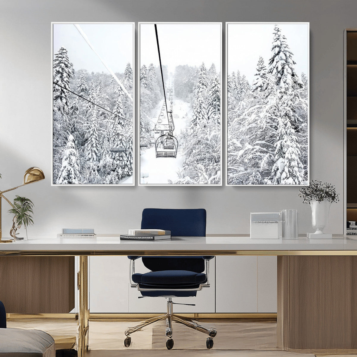 Snowy Ski Lift Wall Art – Framed Winter Mountain Canvas