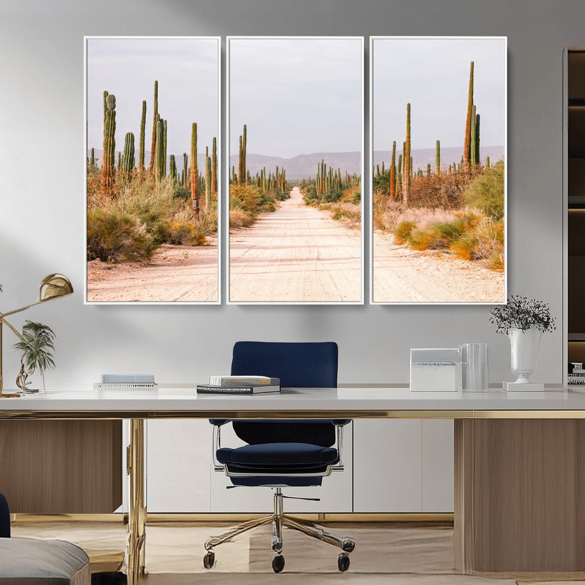 Desert Cactus Lined Road Wall Art Canvas Print – Framed