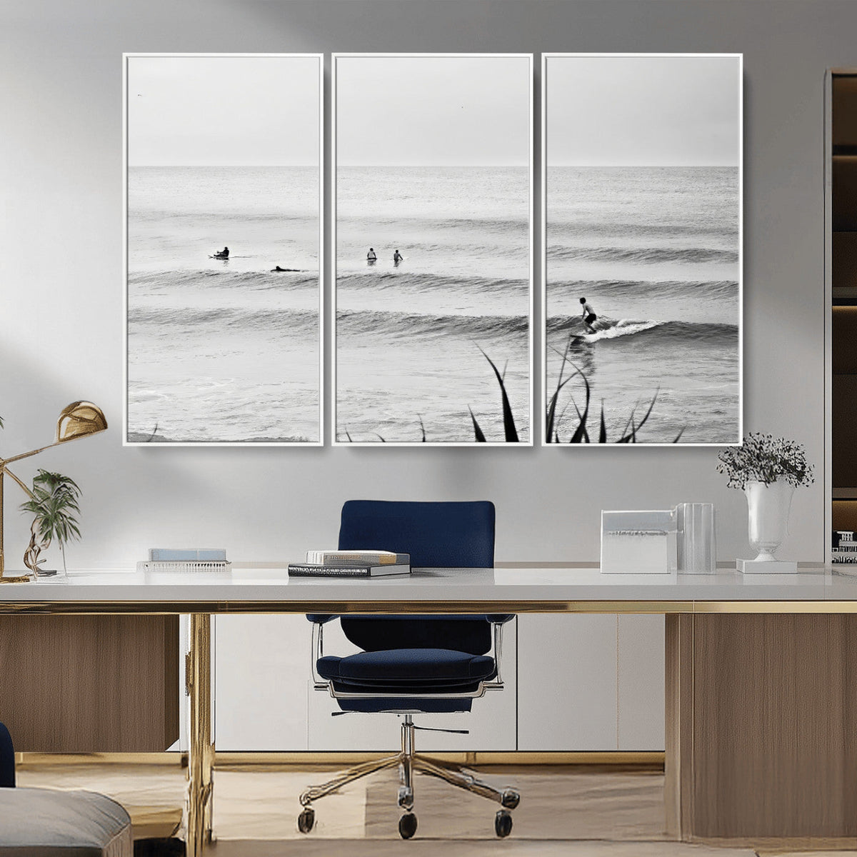 Surfer Silhouette Wall Art – Framed Calm Ocean Canvas