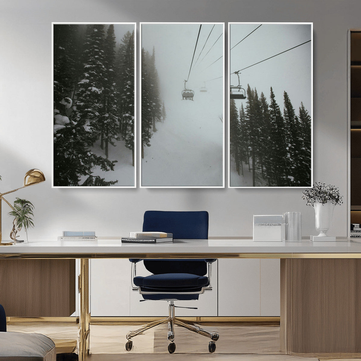 Ski Lift Wall Art Canvas Print – Snowy Pines Misty Landscape