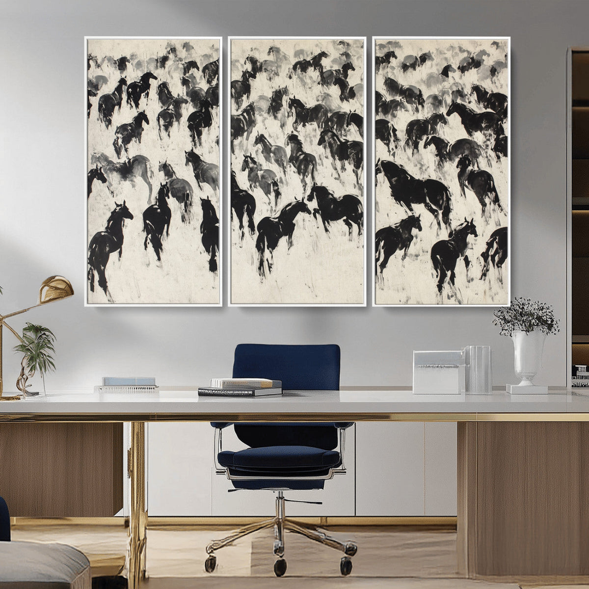 Wild Horse Stampede Wall Art Canvas Print – Monochrome