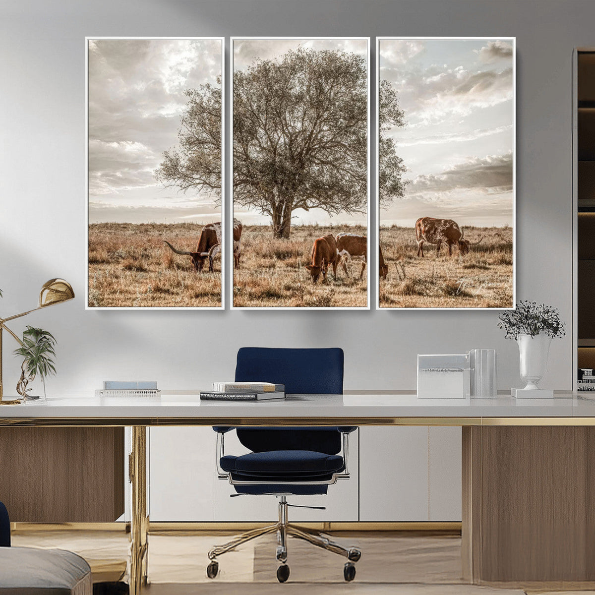Texas Longhorn Cattle Wall Art, Rustic Western Ranch Canvas