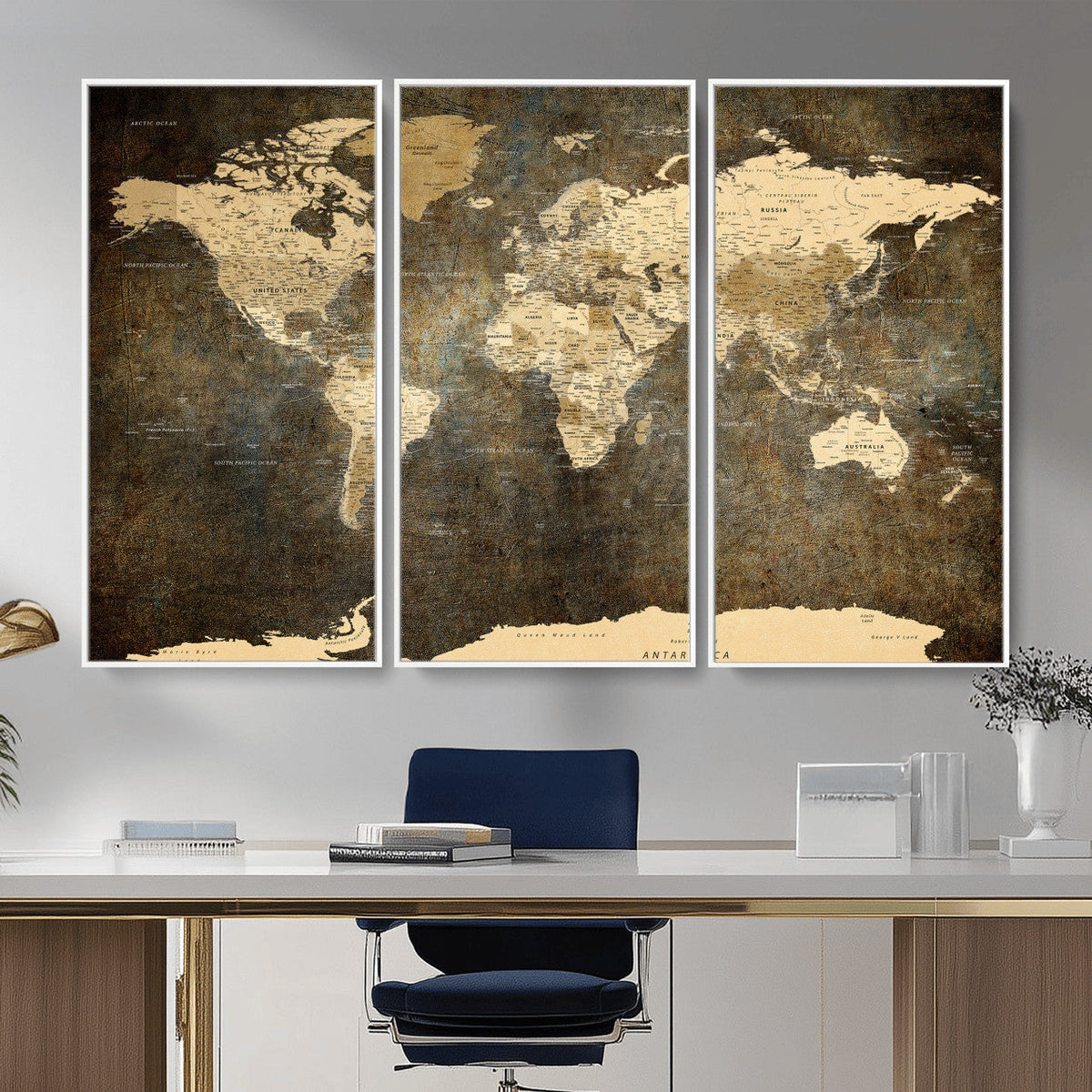Large Framed Vintage World Map Wall Art Print for Home Wall