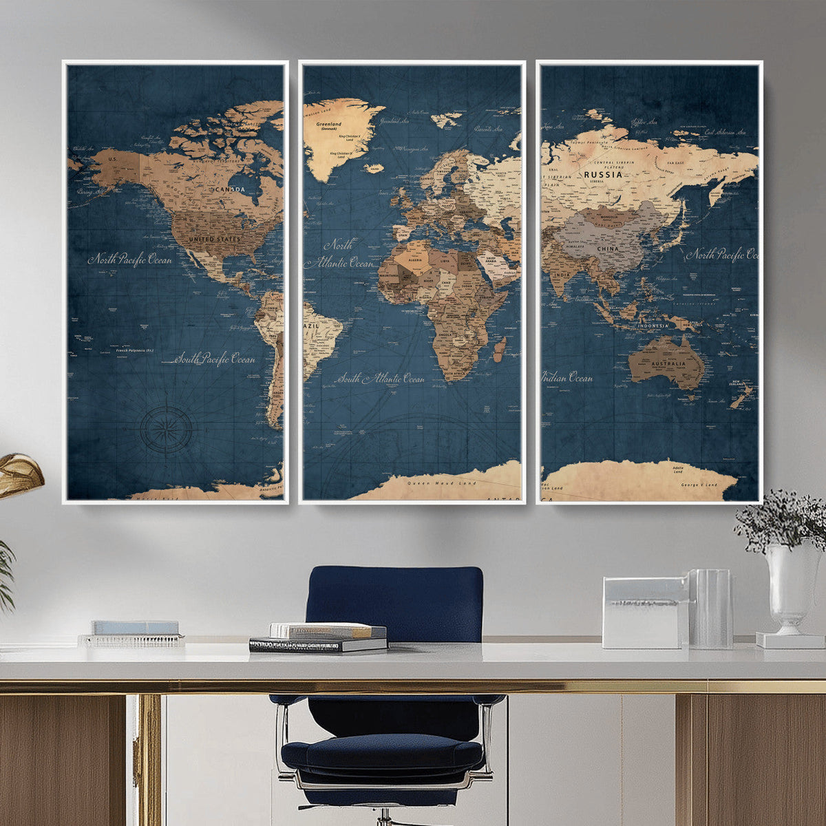 Navy Blue World Map Canvas Print – Framed Travel Map Wall
