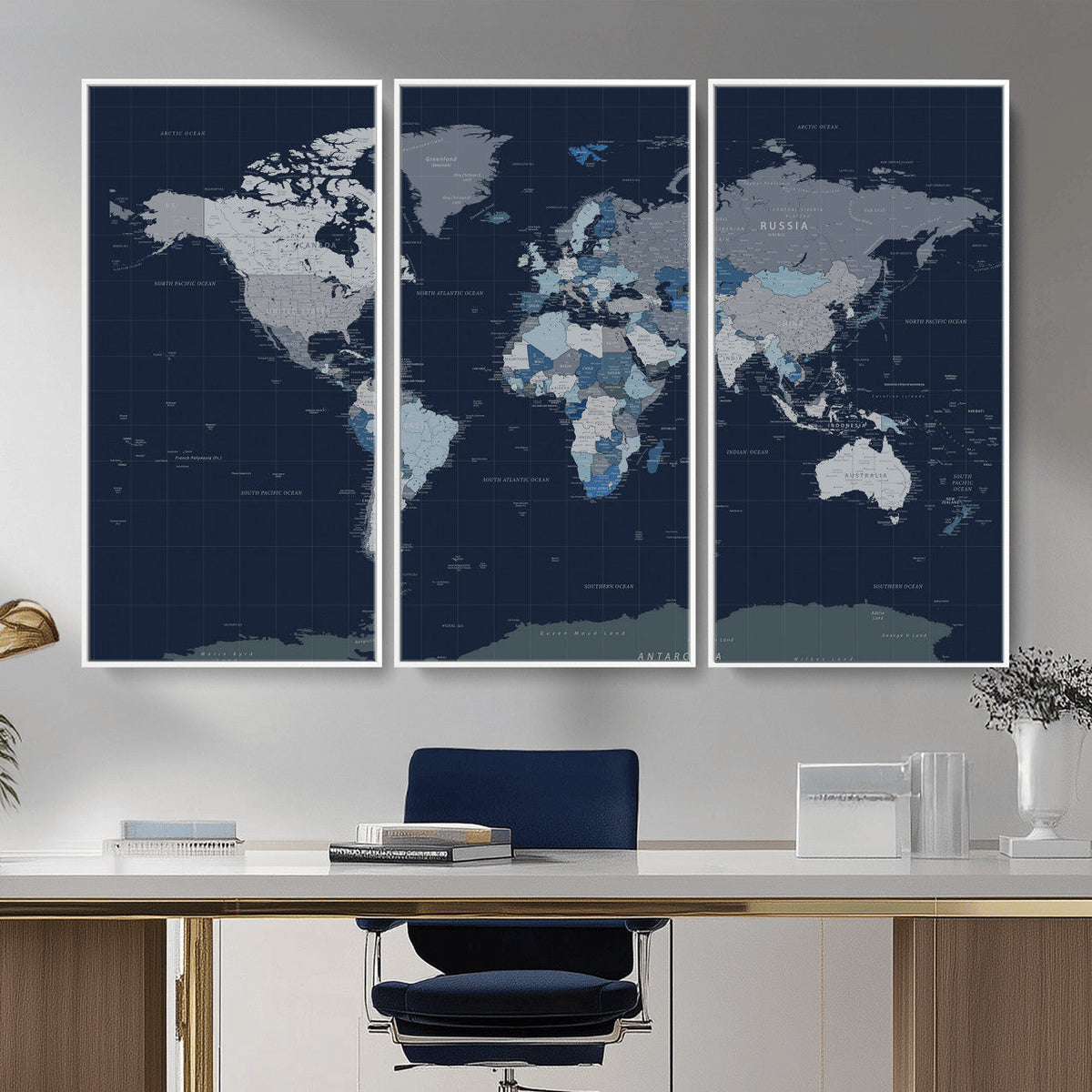 Blue Detailed World Map Wall Art Canvas Print, Modern Framed