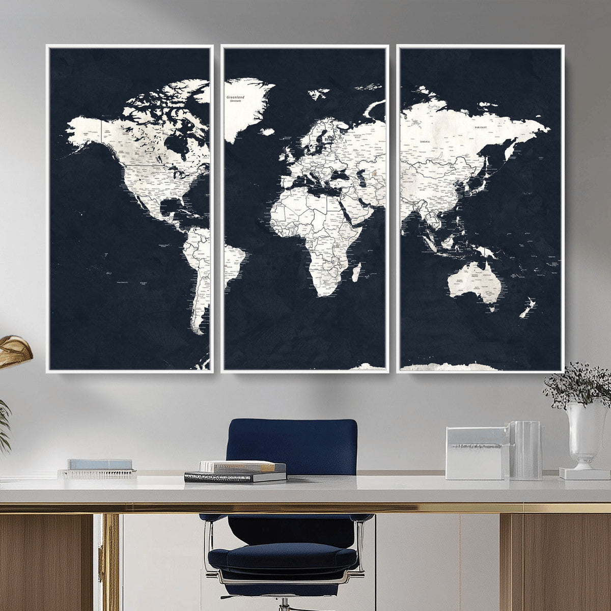Black World Map Wall Art Canvas Print for Home Office and
