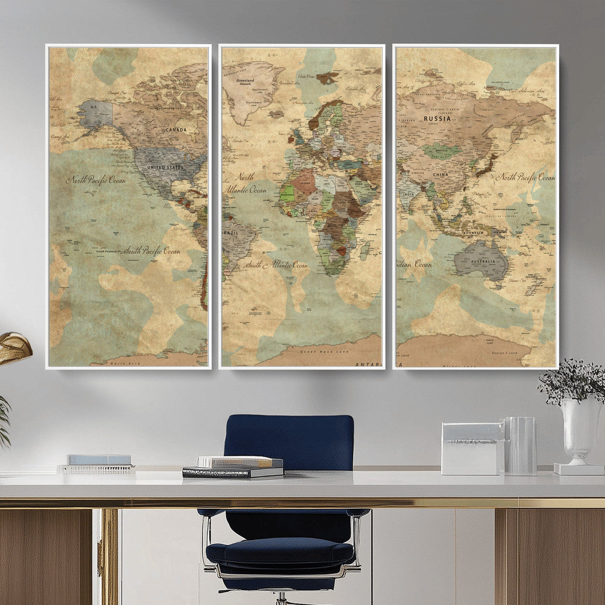 Vintage World Map Wall Art | Ready to Hang and Framed