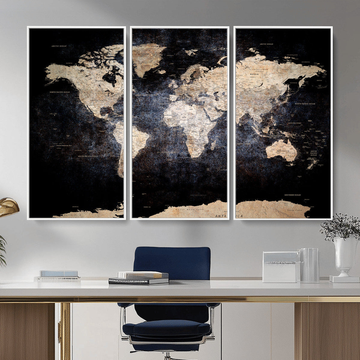 Grunge World Map Wall Art | 3-Panel Large Beige and Brown