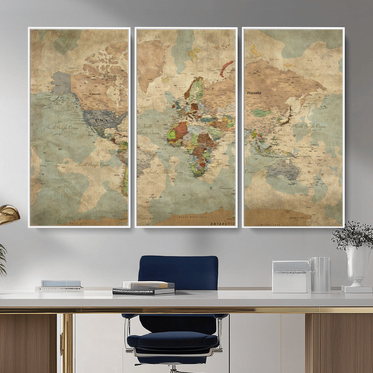 World Map Wall Art Canvas Print, Rustic Map Print, Framed