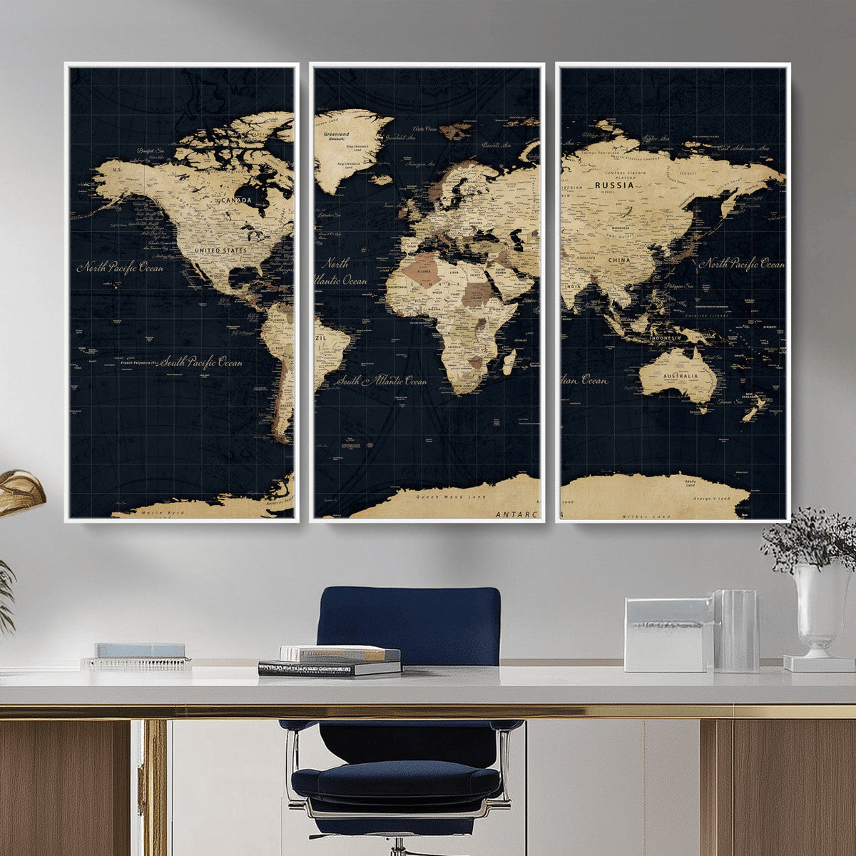 Dark World Map Canvas Wall Art Print, Minimal Black and Gold