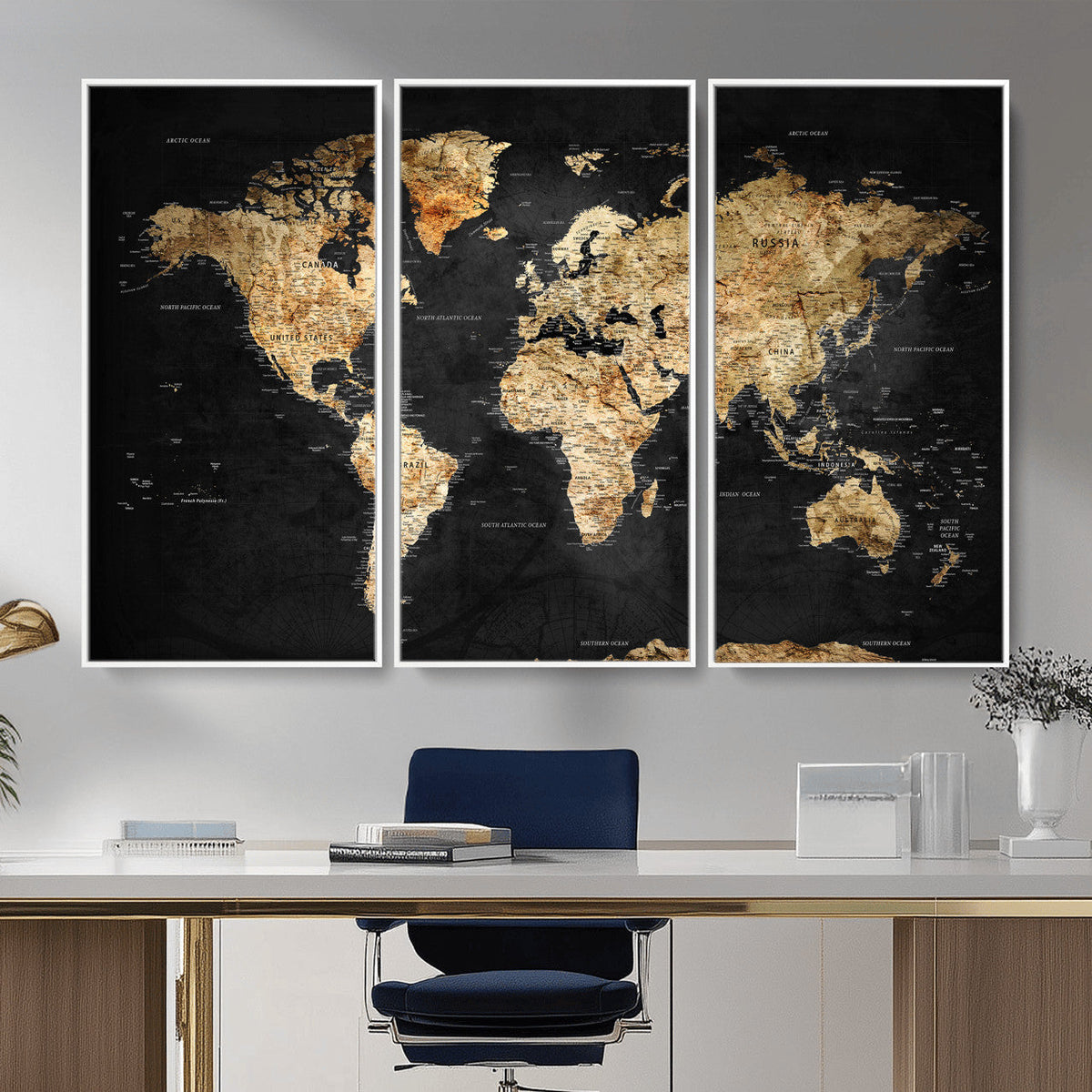 World Map Canvas Wall Art with Famous Landmarks – Framed