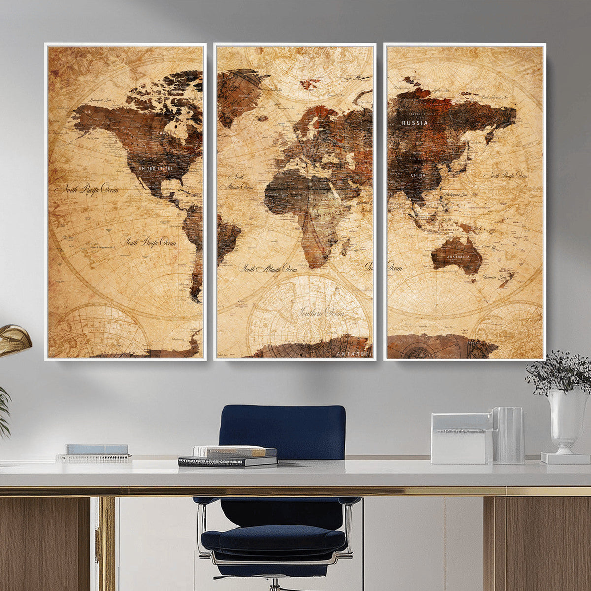 Modern Red and Gray World Map Canvas Print – Framed Wall Art