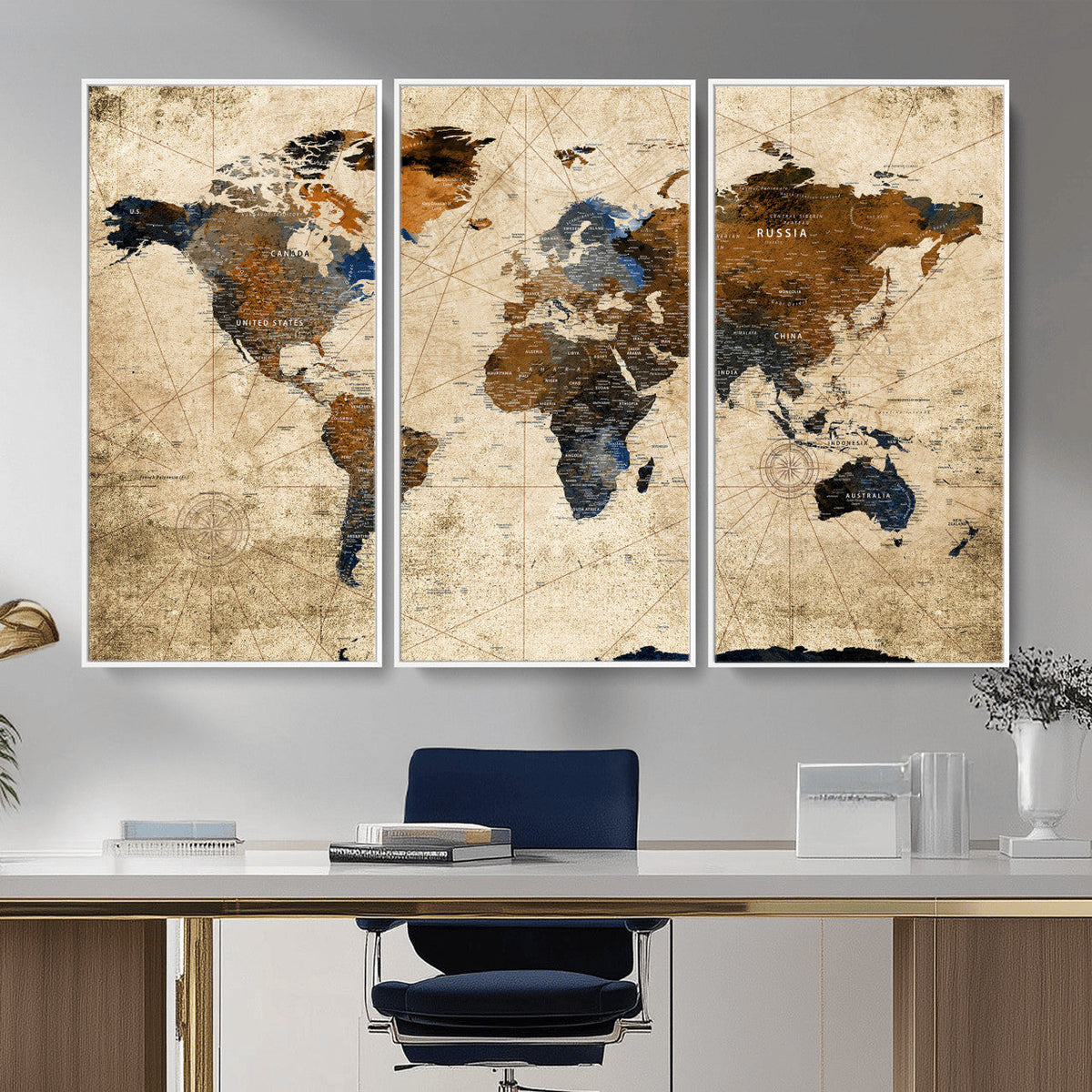 World Map Wall Art – Rustic Earth Tone Canvas Print, Antique