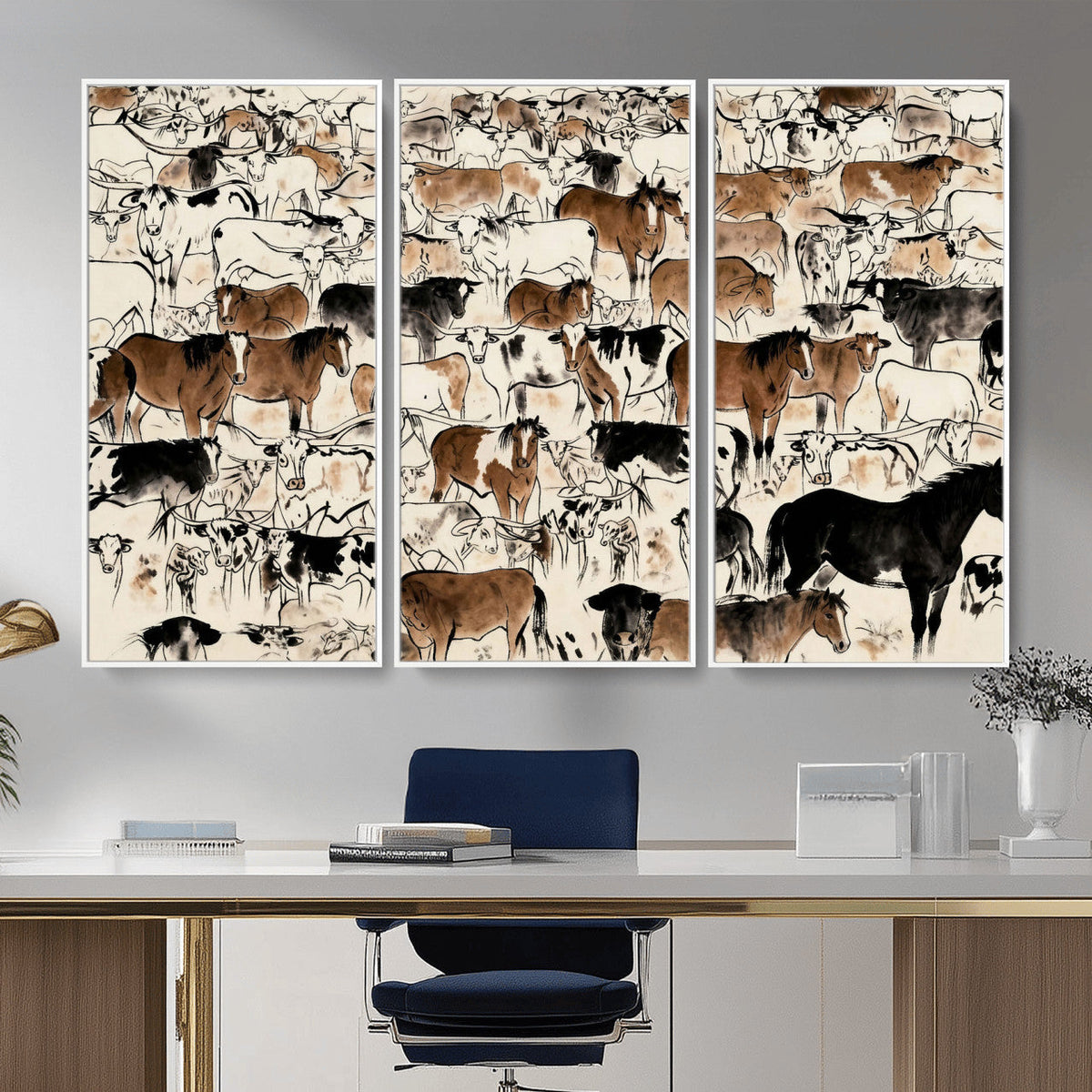 Farmhouse Animals Horse Longhorn Cow Wall Art Canvas Print -