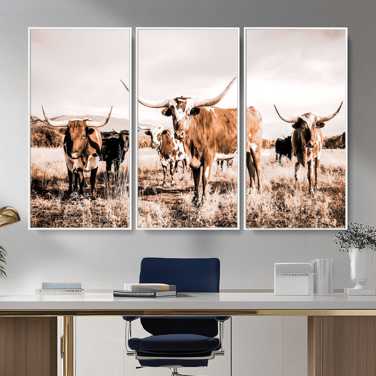 Texas Longhorn Cattle Wall Art Canvas Print, Sepia Western