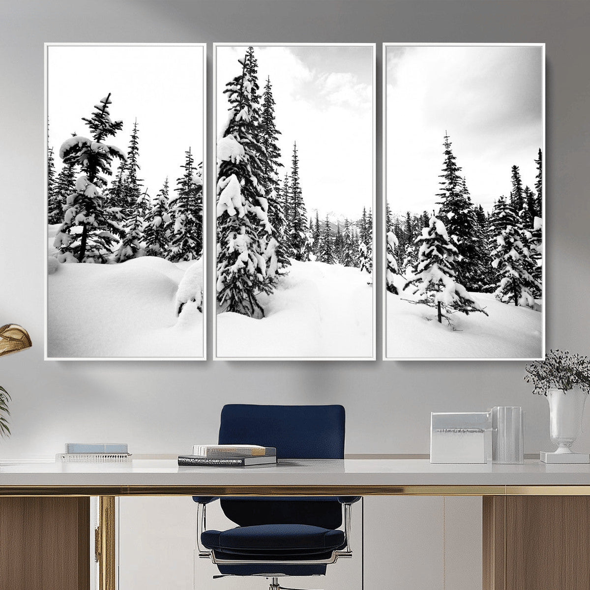 Black and White Snowy Pine Forest Wall Art Canvas Print,