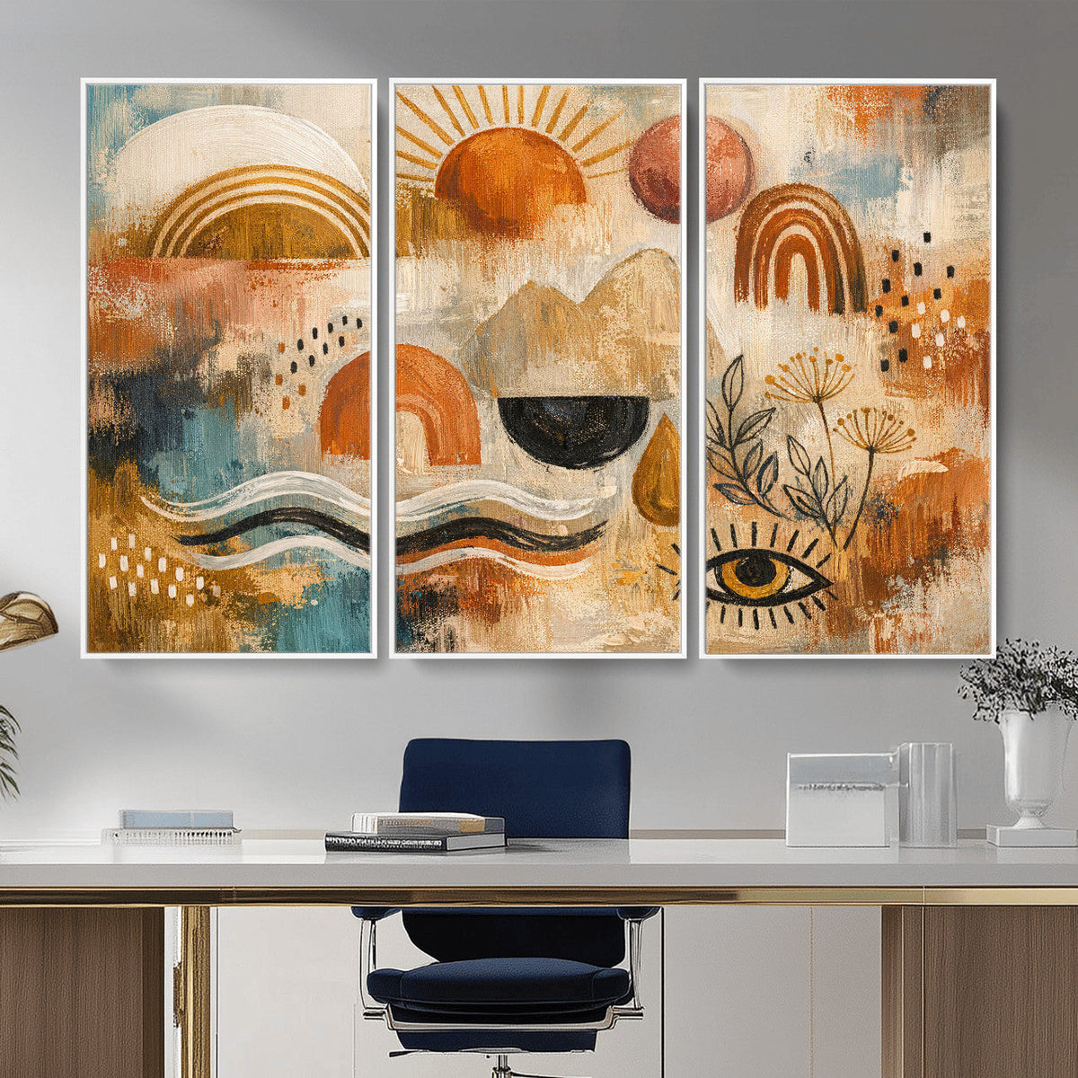 Geometric Boho Abstract Wall Art Canvas Print, Orange Blue